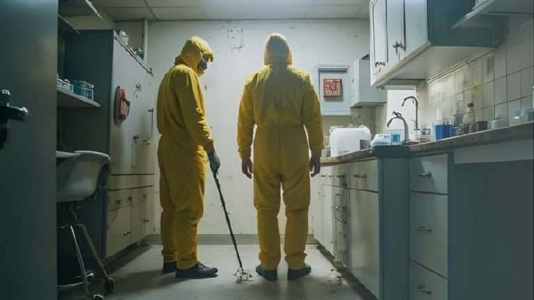 Professionals in hazmat suits performing drug lab cleanup services in a contaminated laboratory.