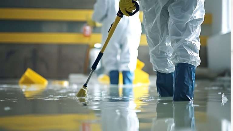 Professionals performing water damage cleanup in a flooded building wearing protective gear and boots.