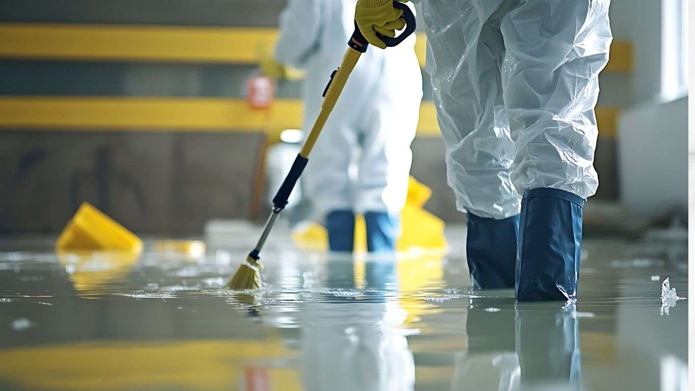 Professionals performing water damage cleanup in a flooded building wearing protective gear and boots.