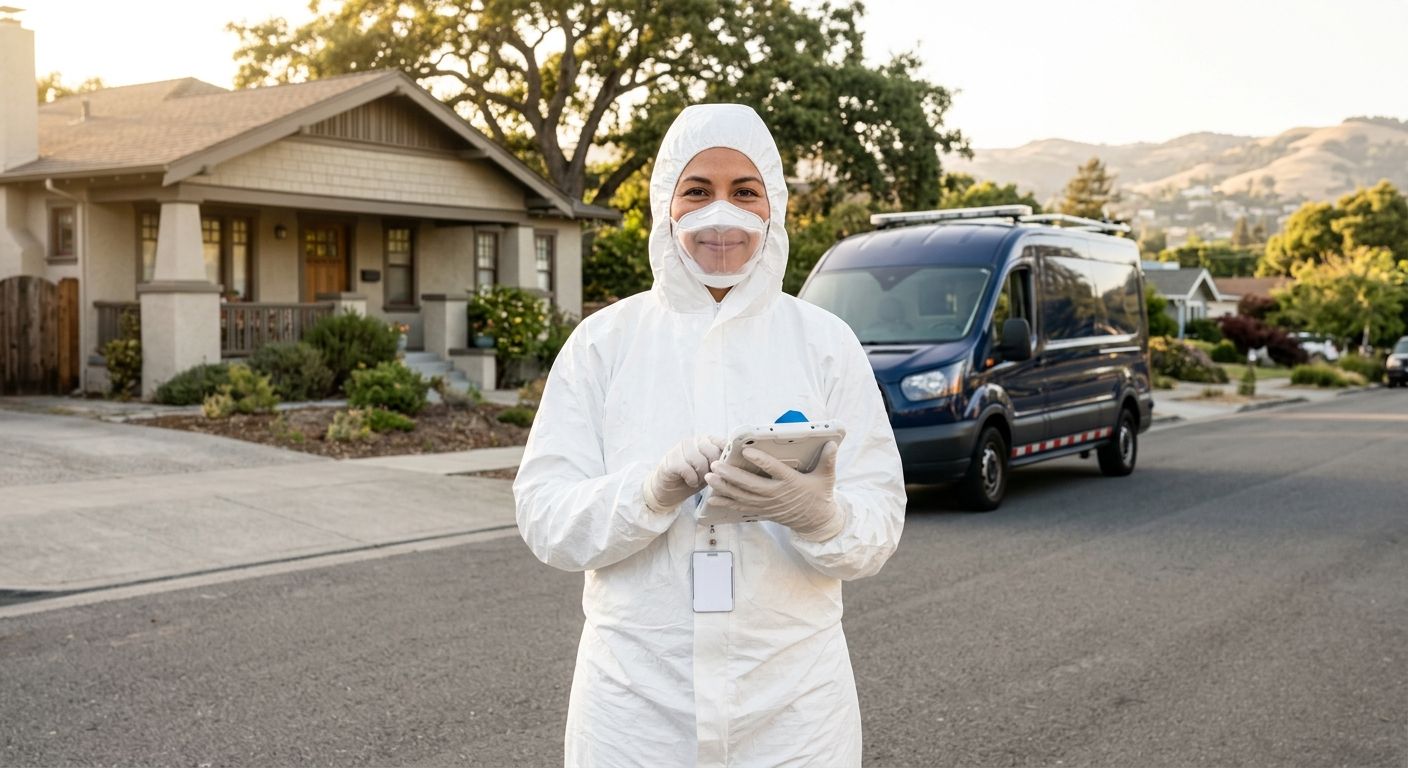 Professional photograph of a biohazard cleanup technician in white PPE standing near a service van on a residential street in Oakland, California.