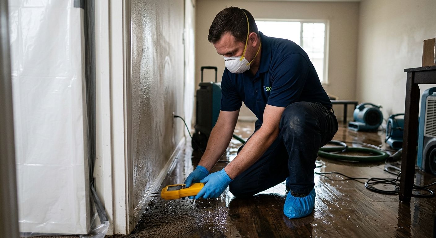 Professional water damage technician in Bio911 uniform inspecting flooded living room with moisture meter.