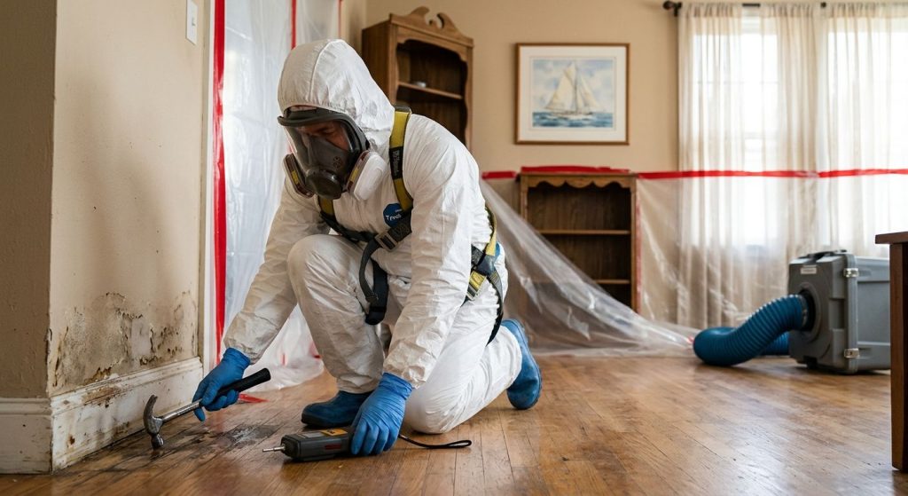 A mold remediation specialist in full white protective gear, respirator, and gloves uses a moisture meter while kneeling in a living room with water-damaged baseboards, plastic sheeting containment, and a HEPA air scrubber.