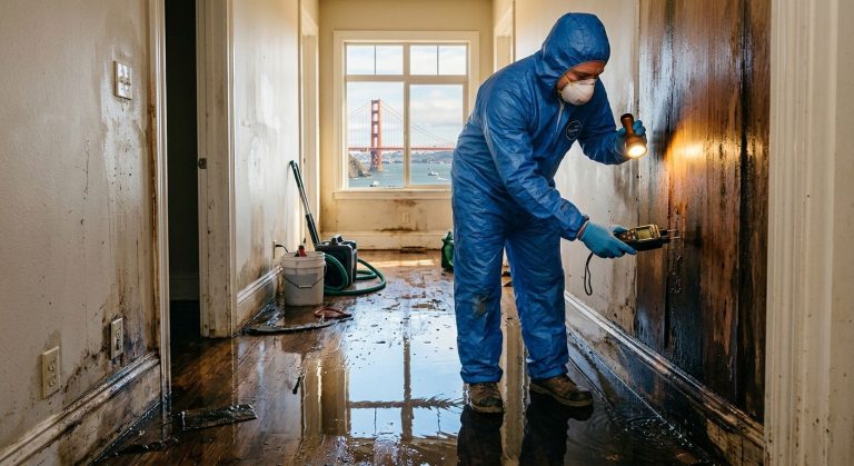 A professional water damage restoration technician in a blue protective suit inspects a flooded San Francisco hallway with a moisture meter, with the Golden Gate Bridge visible through the window.