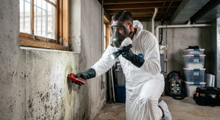 Professional mold remediation technician inspecting a damp basement wall with mold in an Oakland home, wearing protective gear.