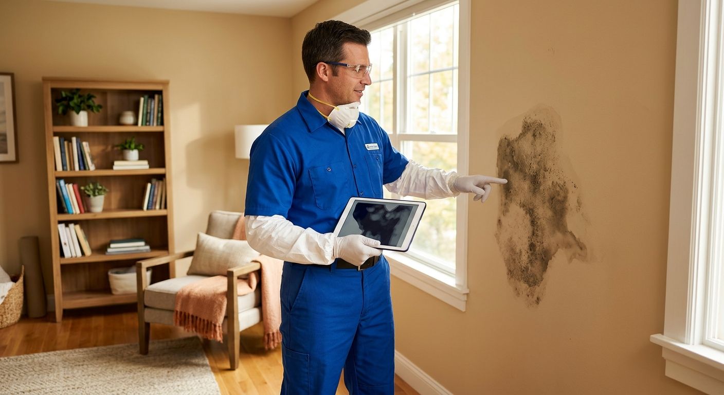 A certified mold remediation technician in protective gear and clean uniform, holding a tablet and pointing at a damp patch on the wall inside a Walnut Creek home, with warm natural lighting from a window and a tidy, well-maintained room in the background.