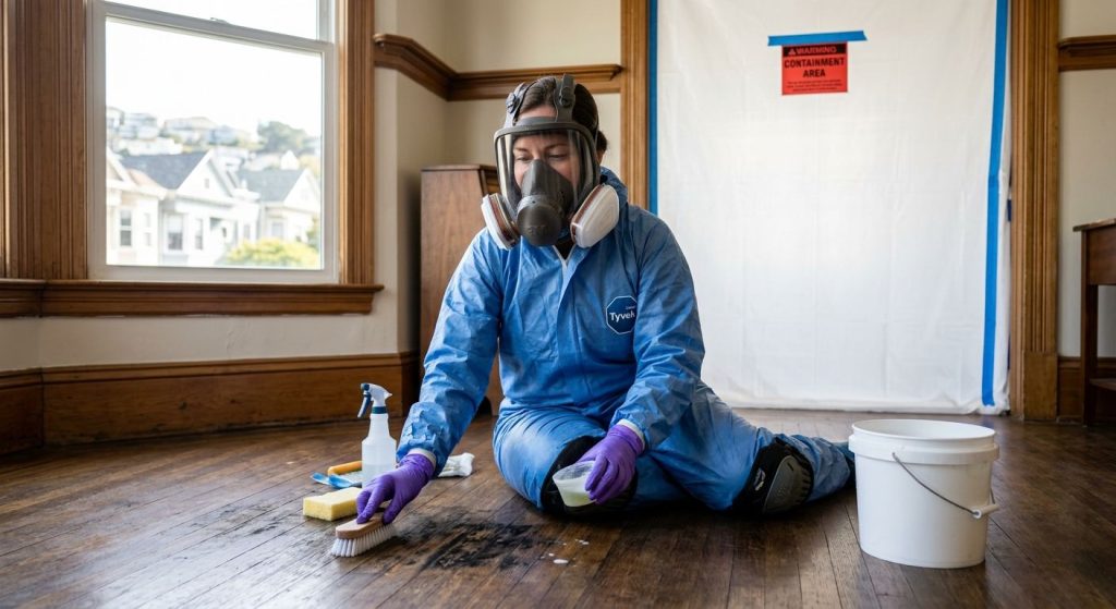 Mold remediation specialist in blue protective suit and respirator cleaning black mold from hardwood floors with HEPA vacuum in San Francisco home