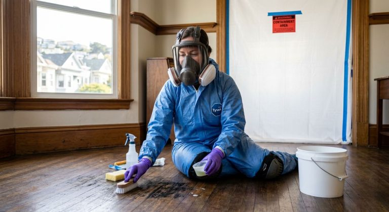 Mold remediation specialist in blue protective suit and respirator cleaning black mold from hardwood floors with HEPA vacuum in San Francisco home