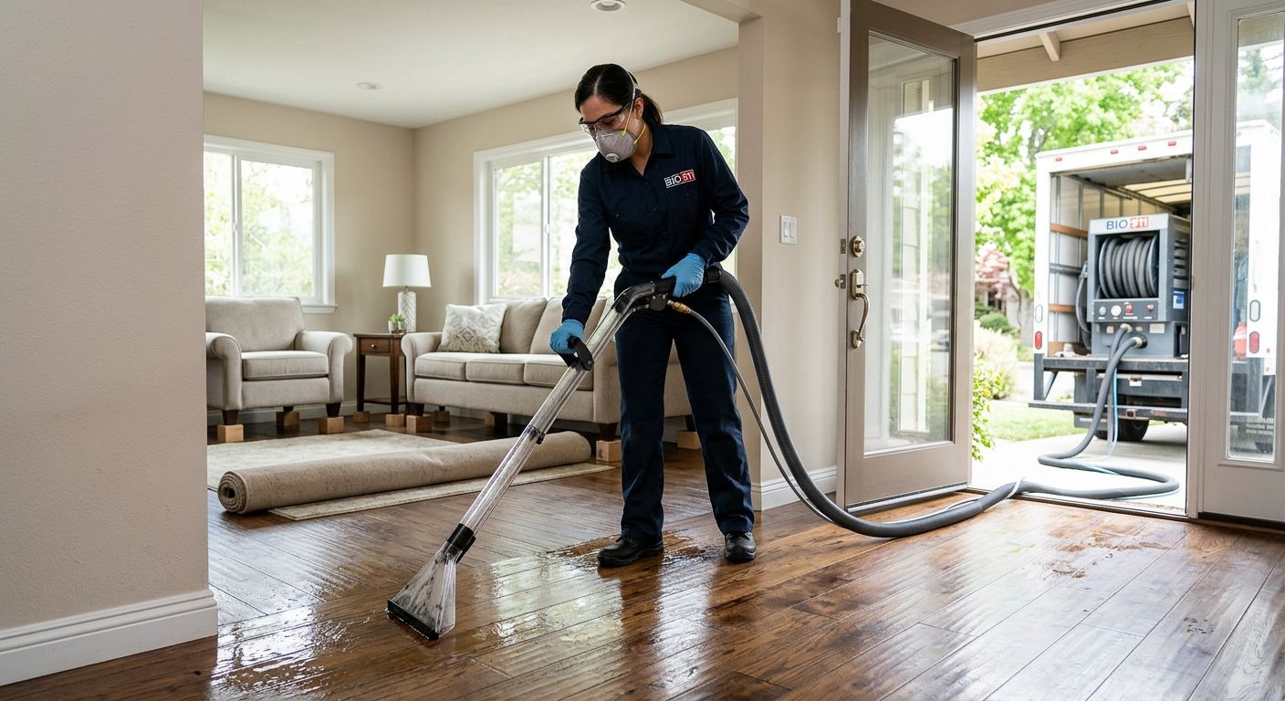 Bio 911 restoration technician using extraction wand on water-damaged hardwood floor in Walnut Creek living room with truck-mounted unit outside