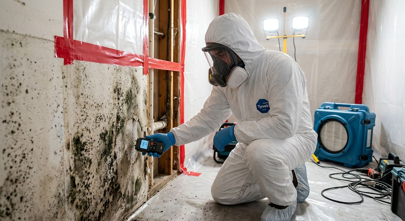 Mold remediation technician in protective gear using moisture meter on water-damaged wall in Berkeley home with containment sheeting and air scrubber