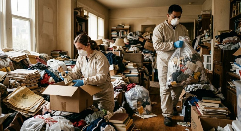 Professional photograph of a biohazard cleanup crew assisting with hoarding cleanup in a San Francisco home, showing workers sorting belongings in protective gear