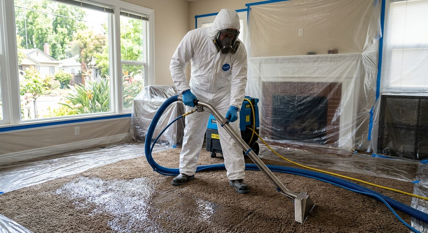 Water damage restoration technician extracting water from saturated carpet in Oakland living room