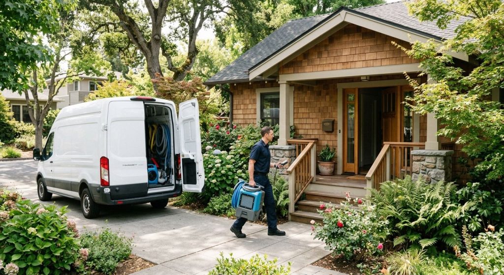 Bio 911 water damage restoration technician arriving at Berkeley bungalow for emergency service.