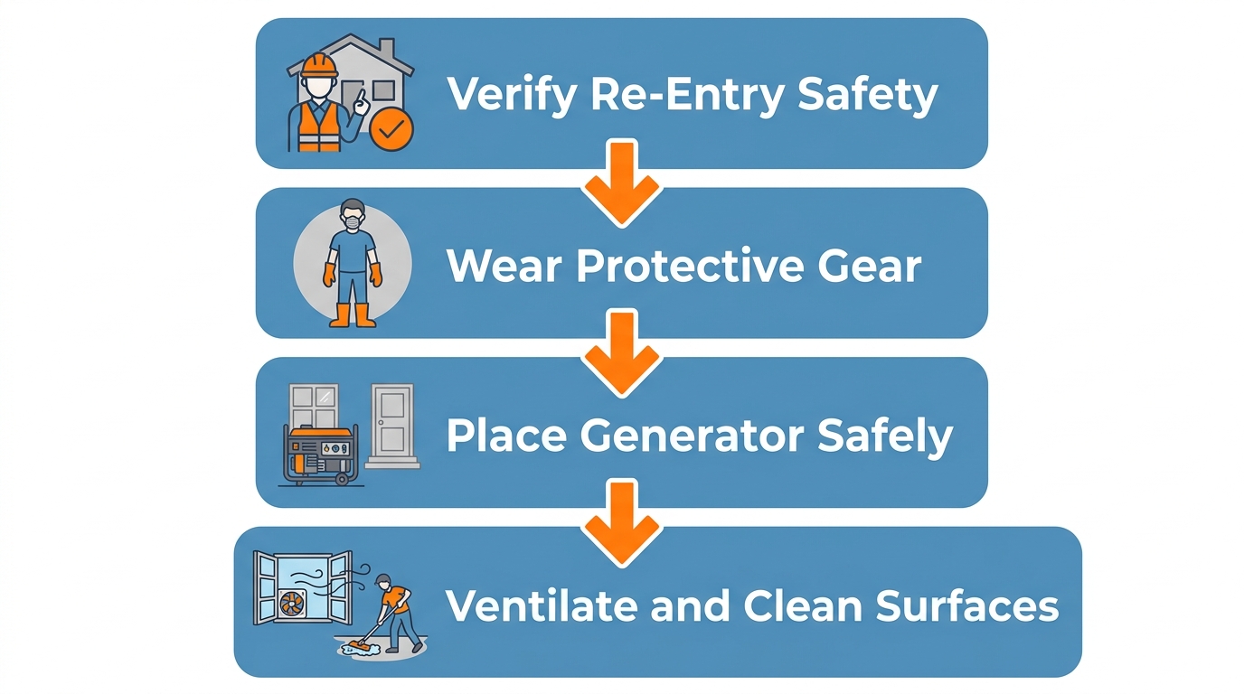 Safety steps after water damage: verify re-entry safety, wear protective gear, place generator safely, ventilate and clean hard surfaces