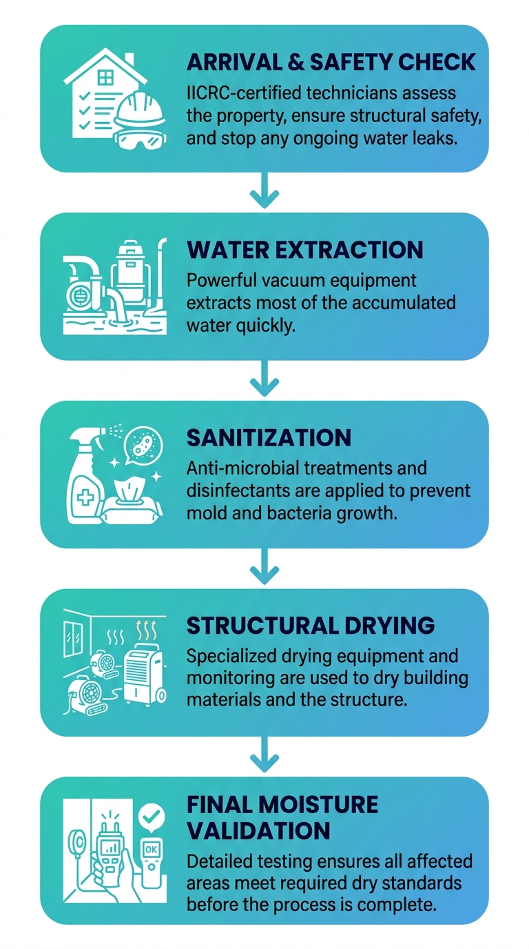 Vertical process flow diagram of Bio 911's water damage restoration: five stages from arrival to final moisture validation.
