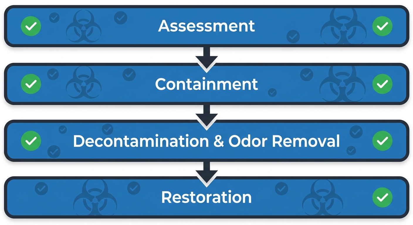 Vertical process flow diagram of four biohazard remediation stages: Assessment, Containment, Decontamination and Odor Removal, and Restoration. Rounded rectangles connected by arrows with blue backgrounds, white labels, and green accents for completed steps.
