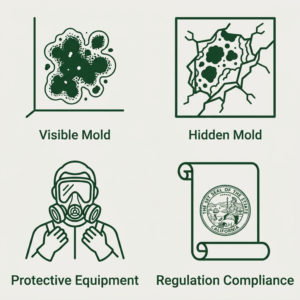 Icon set showing four mold remediation service categories: visible mold, hidden mold, protective equipment, and regulation compliance.