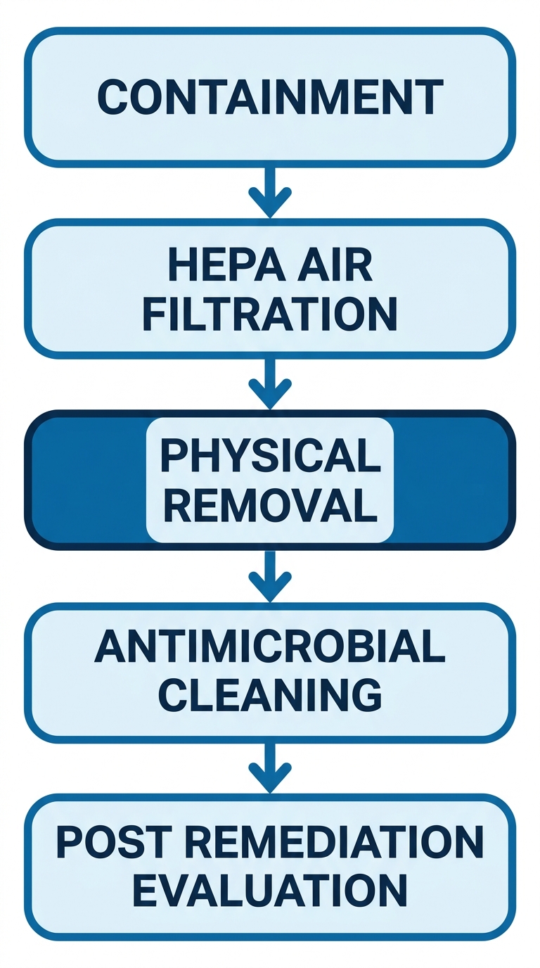 Five-stage vertical process flow diagram for professional mold remediation: Containment, HEPA Air Filtration, Physical Removal, Antimicrobial Cleaning, and Post Remediation Evaluation.