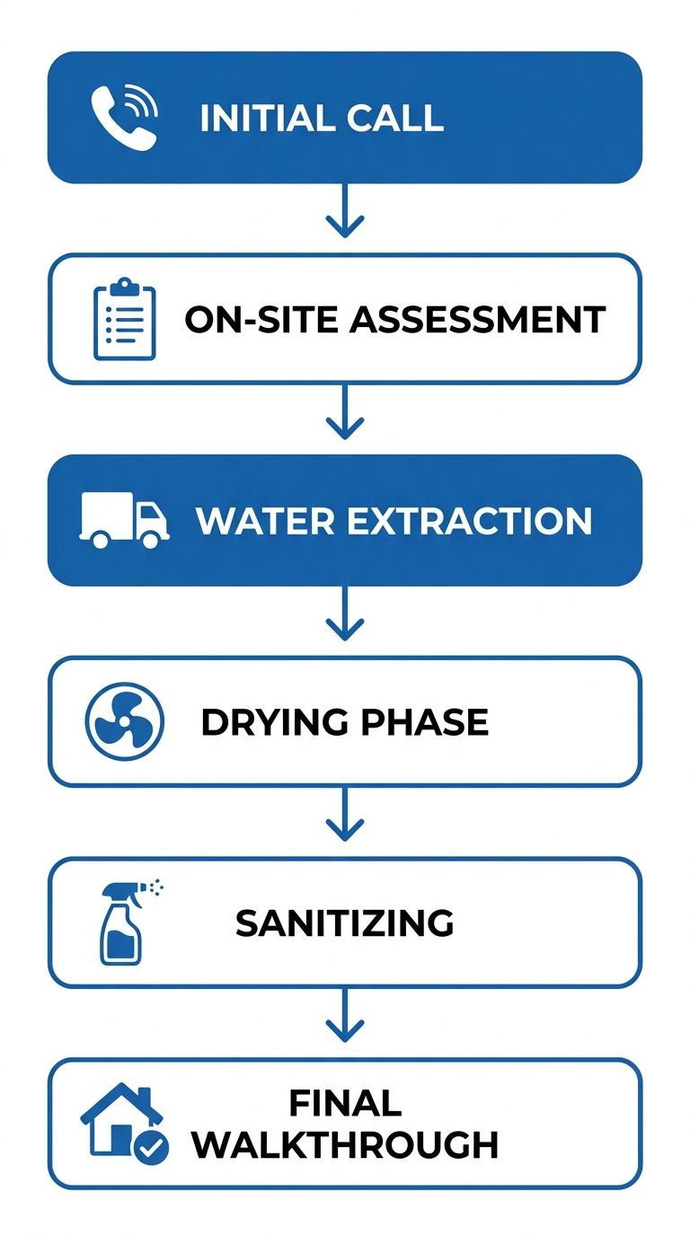 Vertical flowchart of Bio 911's six-step water damage restoration process, from initial contact through final walkthrough.