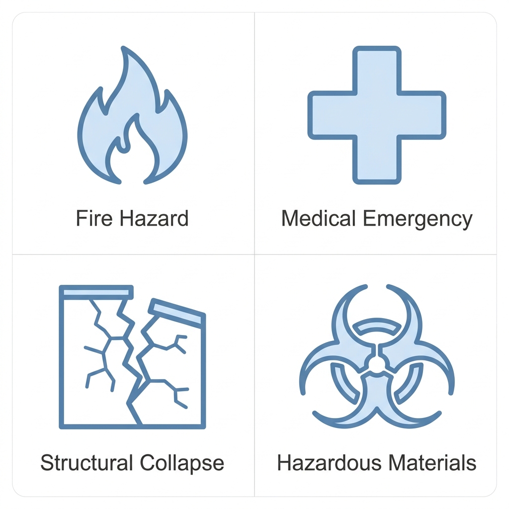 Icon set showing four emergency icons with labels: Fire Hazard, Medical Emergency, Structural Collapse, Hazardous Materials