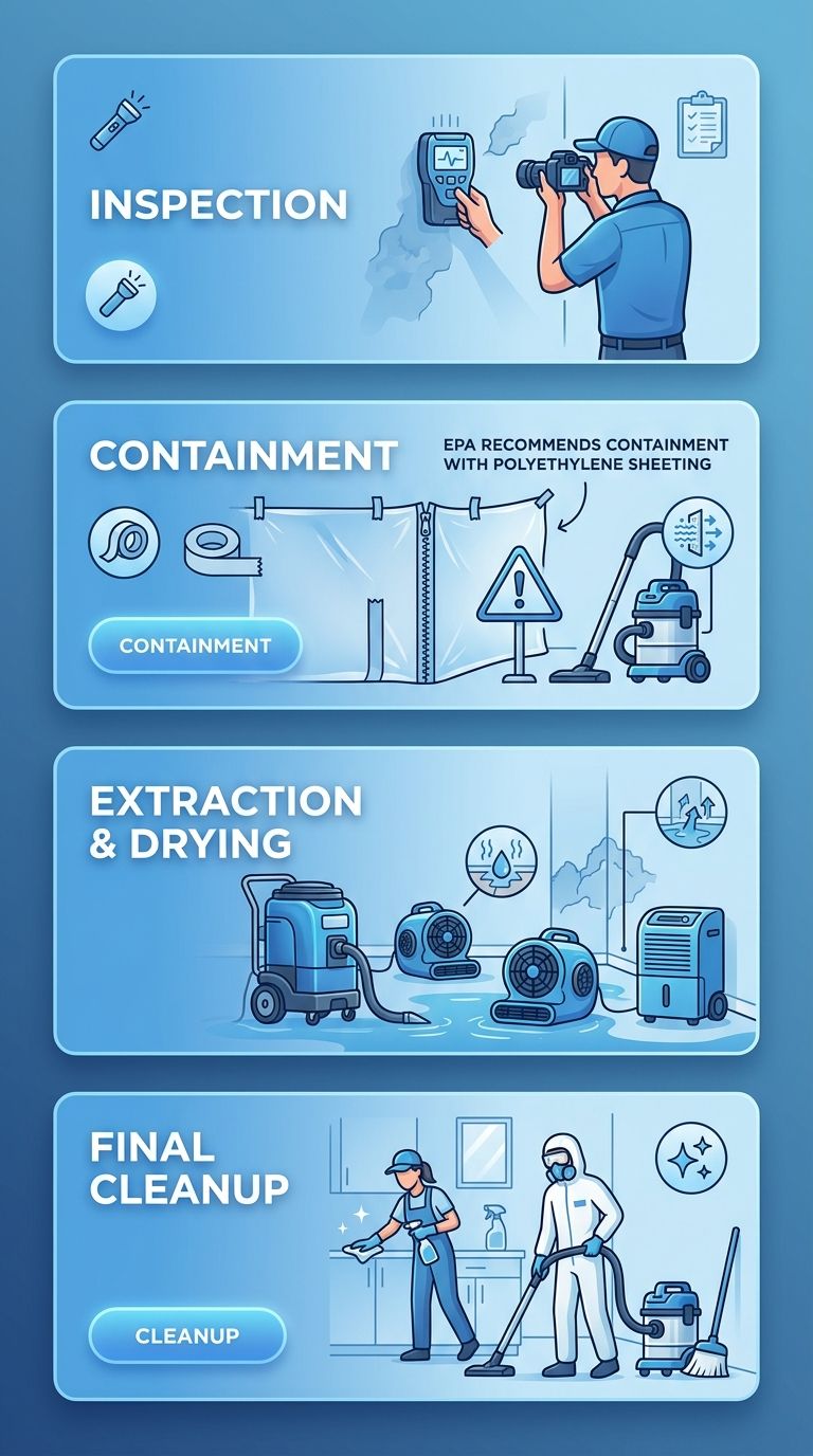 Process flow diagram of Bio911 water damage restoration showing four stages: inspection, containment, extraction and drying, final cleanup