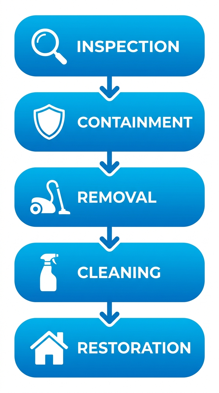Vertical process flow diagram of five mold remediation stages: Inspection, Containment, Removal, Cleaning, Restoration, with icons and arrows.