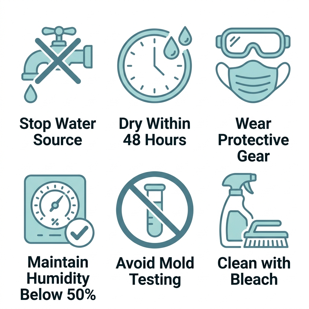 Set of six outlined icons showing mold safety steps: stop water, dry quickly, wear gear, control humidity, avoid testing, clean with bleach, each with label beneath.