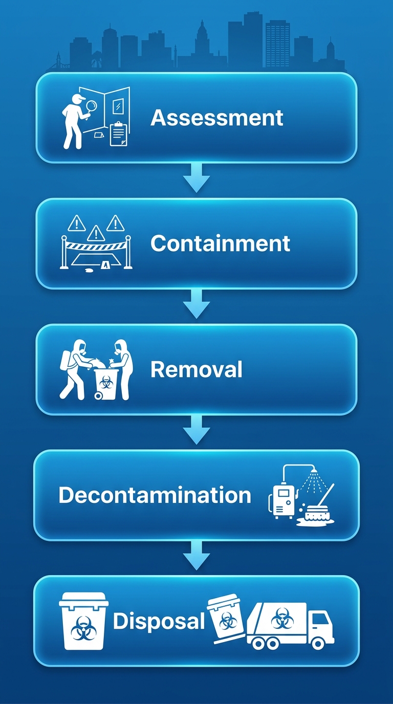 Bio 911 five-step biohazard cleanup process diagram showing assessment, containment, removal, decontamination, and disposal stages with icons and arrows in a vertical layout.